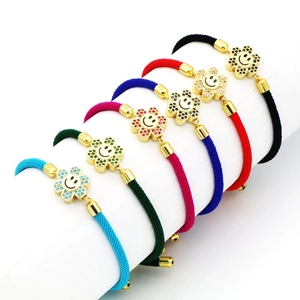 Colorful Bohemian woven bracelets with gold zircon sunflower charms and smile faces