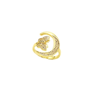 Bague ajustable dorée avec croissant de lune et papillon ornés de cristaux brillants