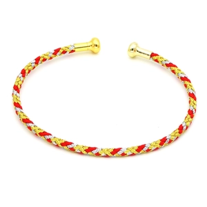 Macro del bracciale in filo d'acciaio intrecciato rosso con terminali in metallo dorato