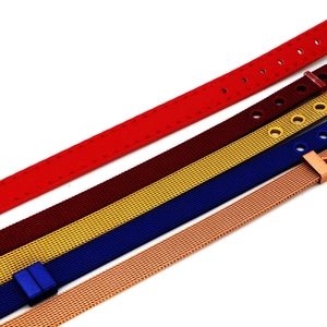 Selection of leather and mesh stainless steel watch straps in various metallic colors