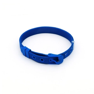 Detail of blue stainless steel mesh bracelet with adjustable belt buckle closure