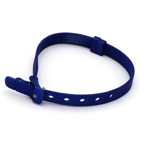 Detailed view of blue stainless steel mesh watch strap with adjustable folding buckle