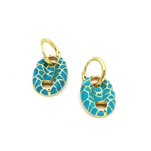 Detail of gold huggie earrings with turquoise blue enamel and gold mosaic pattern