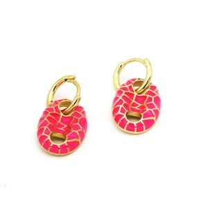 Golden pig nose hoop earrings with hot pink enamel mosaic pattern for women
