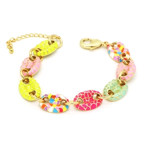 Detail of colorful enamel mosaic coffee bean link bracelet with golden lobster clasp