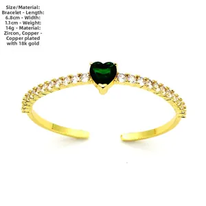 Detail view of heart-shaped green zircon bangle with dimensions 6.8cm by 1.1cm