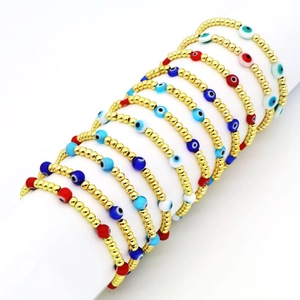 Bracciale con Perline Malocchio Vintage per Donna Bohémien Placcato Oro 18K Rame Vetro Resina Portafortuna Occhio Turco Braccialetto Elastico Gioielli