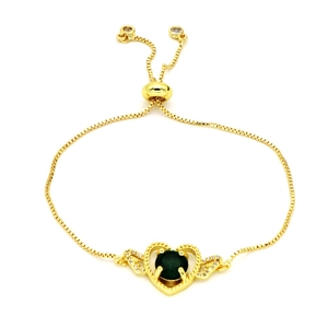 Elegant gold butterfly heart bracelet with dark green gemstone and adjustable bolo clasp