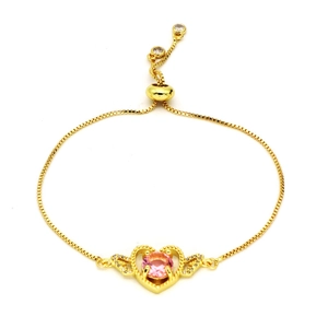 Adjustable gold butterfly heart bracelet with pink crystal and zircon wing details