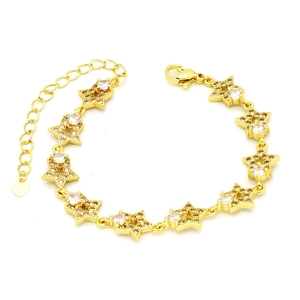 Nahaufnahme eines goldenen Sternarmbands mit Zirkonia-Inlay und Karabinerverschluss
