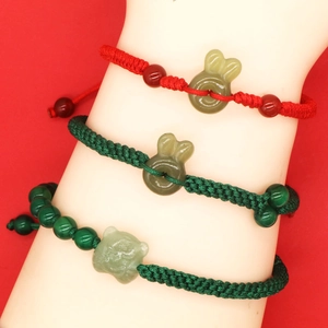 Bracciale in Corda Intrecciata Fatto a Mano Con Giada Hetian e Agata Segno Zodiacale Coniglio Tigre Cordino Regolabile Gioielli Portafortuna Unisex