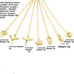 Collection of seven 18k gold plated necklaces featuring butterfly and owl pendants with pearls