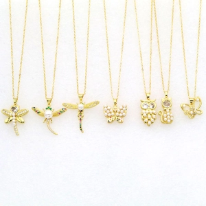Elegant Copper Gold Plated Animal Pendant Necklace With Faux Artificial Pearl Zirconia Dragonfly Butterfly Owl Cat For Women Jewelry