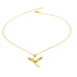 Detailed view of golden dragonfly pendant necklace with pearl and colorful zircon stones