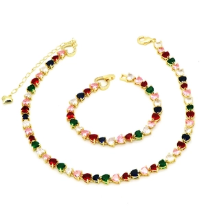Colorful heart zircon tennis chain necklace and bracelet jewelry set in gold finish