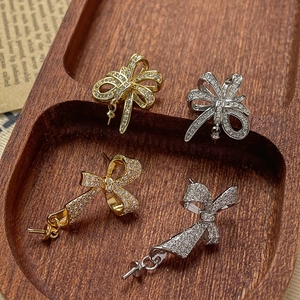 Gold and silver bow-shaped earring components with sparkling zircon for DIY jewelry making