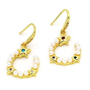 Golden horseshoe drop earrings with white pearls and colorful star-shaped gemstones