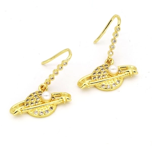 Golden planet stud earrings featuring inlaid pearls and sparkling zircon Saturn rings