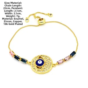 Detailed view of evil eye bracelet with colorful zircons and adjustable chain dimensions
