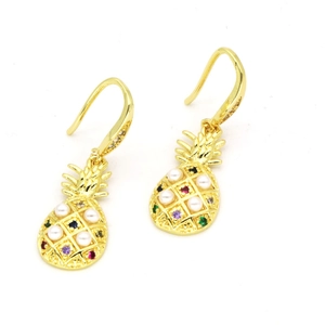 Detail view of pineapple drop earrings with multi-color gems and white imitation pearls