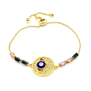 Evil Eye adjustable gold bracelet with colorful cubic zirconia and sliding clasp