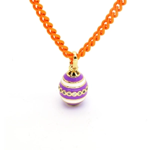 Colorful egg pendant necklace with purple enamel and orange chunky cuban chain