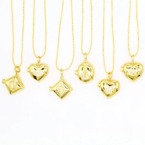 Vintage Copper Locket Necklace For Women Heart Square Oval Openable Photo Frame Pendant Rhinestone Inlaid Religious Jewelry