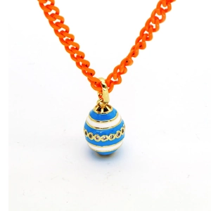 Hip hop style orange Cuban chain necklace with a blue Faberge egg pendant and crystals