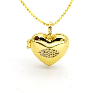 Vintage heart locket necklace with zircon eye detail and golden ball chain for women