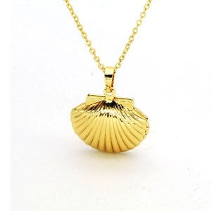 Golden seashell locket necklace with shell texture and delicate cross chain