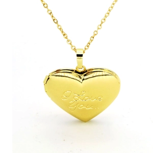 Polished gold heart locket necklace engraved with I Love You on a fine O-chain link