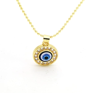Collana a sfere dorate con ciondolo occhio blu circondato da zirconi scintillanti