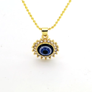 Collana con catena a sfere dorate e ciondolo occhio blu con zirconi scintillanti