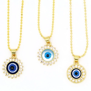 Collana con Ciondolo Malocchio in Rame Intarsio di Strass Stile Turco Catena a Sfere Occhio Blu per Donna Gioielli di Moda