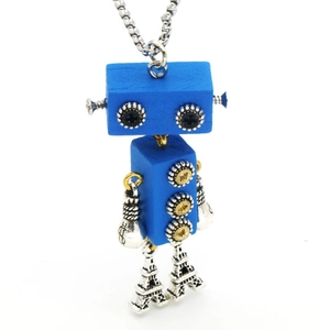 Collana con robot mobile con corpo in legno blu e gambe a Torre Eiffel da uomo