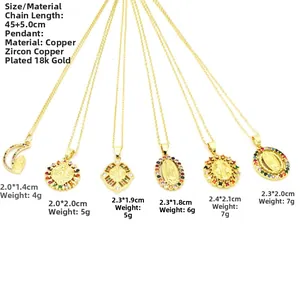 Détail de six pendentifs Vierge Marie avec zircons colorés plaqué or 18k sur cuivre