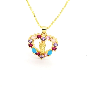 Collana con ciondolo a cuore dorato con zirconi colorati e icona religiosa di santo