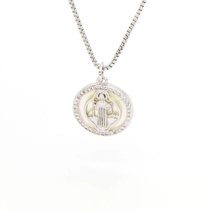 Silver Virgin Mary shell pendant necklace with crystal halo on Venetian chain