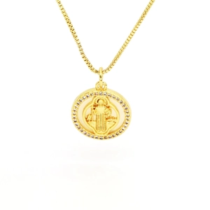 Gold Virgin Mary shell pendant necklace with zircon halo on a minimalist box chain