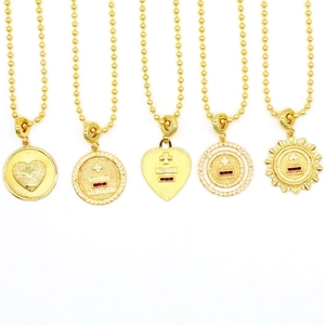 Collier Pendentif Croix Coeur en Zirconia Cuivre Vintage Français Plaqué Or Pièce Ronde Médaillon Chaîne à Billes Bijoux Femme