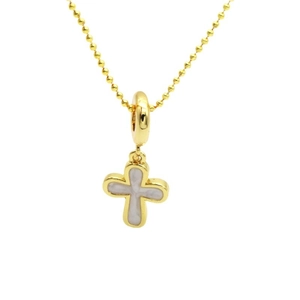 Élégant collier chaîne à billes dorées avec pendentif croix émaillée blanche sur blanc