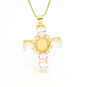 Goldene Kreuzkette mit birnenförmigen Zirkonia und religiösem Ikonen-Anhänger