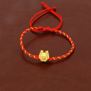 Pulsera de Dragón del Zodiaco Chino en plata 925 con cordón trenzado rojo y oro