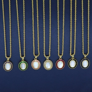 Luxury Virgin Mary Oval Pendant Necklace Gold Plated Copper Zirconia Inlaid Shell Relief Rope Chain Religious Jewelry