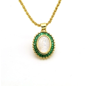 Gold pendant necklace with white religious relief and emerald green zircon gemstones