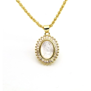 Detail of gold oval pendant with Virgin Mary relief and clear baguette-cut zircons