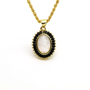 Gold Virgin Mary oval pendant necklace with white shell and black zircon accents