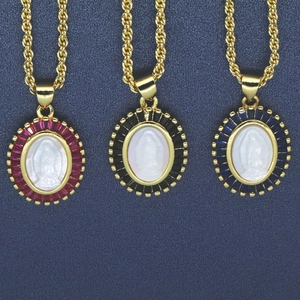 Oval Mother Mary necklaces with colored zircon inlays on twisted gold rope chains