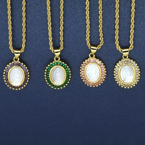 Gold necklaces with colorful zircon stones and white shell virgin mary charms on rope chains