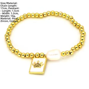 Details des Perlenarmbands mit weißer Perle, Kronenanhänger und Maßangaben